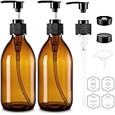 Homepicker 10 oz Small Amber Glass Soap Dispenser with Pump, Glass Pump Bottle for Lotion Body Oil, 300ml Hand and Dish Soap Dispensers Set with Storage Caps, Labels - 2 Pack
