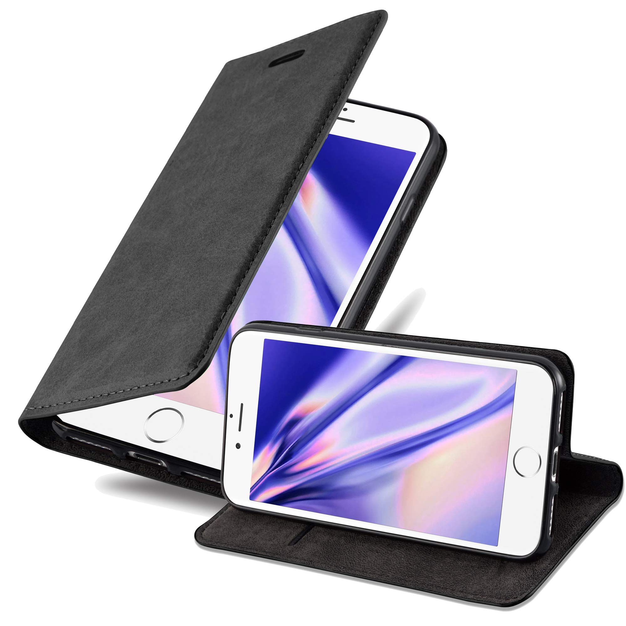 cadorabo Book Case works with Apple iPhone 7 / iPhone 7S / iPhone 8 in NIGHT BLACK - with Magnetic Closure, Stand Function and Card Slot - Wallet Etui Cover Pouch PU Leather Flip