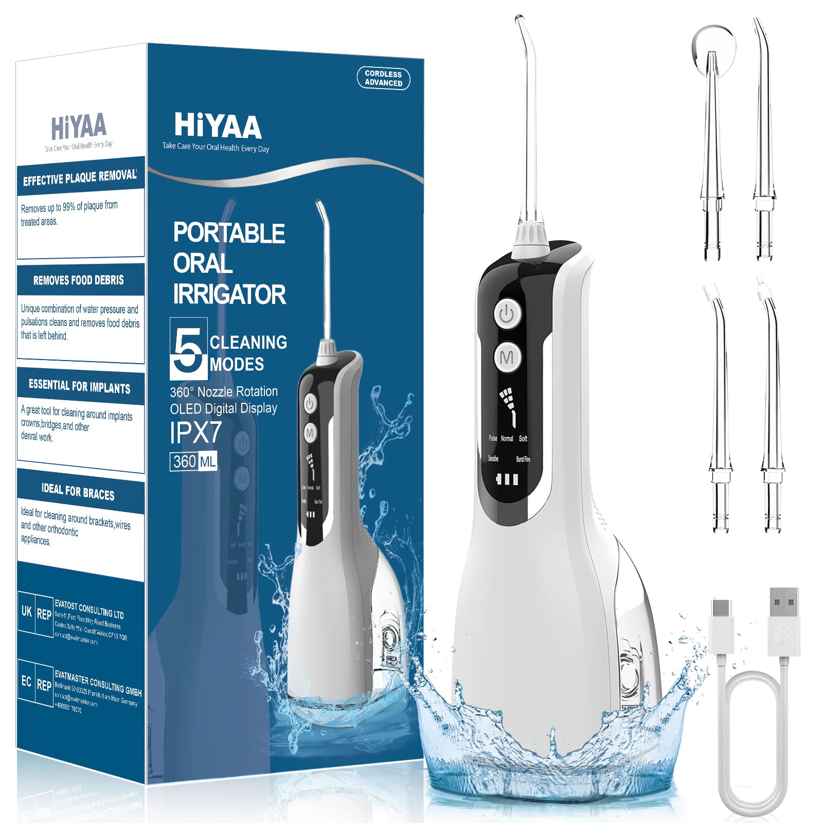 HIYAA Water Flosser for Teeth Cordless with 5 Modes, 360° Rotation Dental Oral Irrigator Teeth Cleaner, 360ML Portable and Rechargeable IPX7 Waterproof Powerful Battery Life for Travel & Home - White