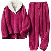 Pinbuton Women's Pajama Set Fleece Winter Warm Sleepwear Loungewear Sets Soft Comfortable Pjs Sets for Women With Pockets