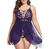 JuicyRose Plus Size Babydoll Lingerie Set Snap Crotch Lace Mesh Chemise Nightwear
