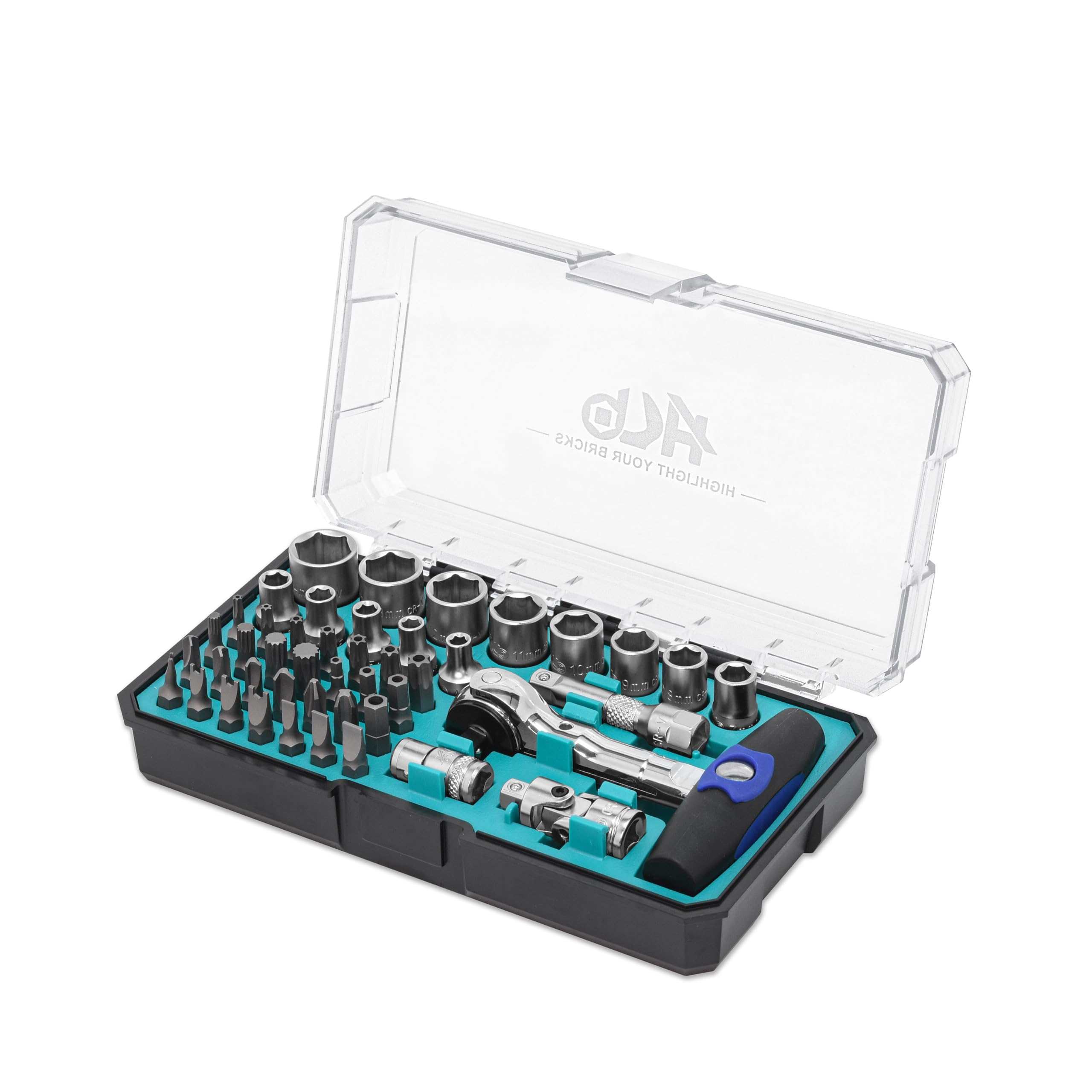 HB 90-Tooth Swivel Head Pivot Ratchet Handle 1/4 Inch Drive 49 Piece Socket and Security Bit Set Reversible Quick Release Chrome Vanadium Steel Portable Case Made in Taiwan AKM025-G