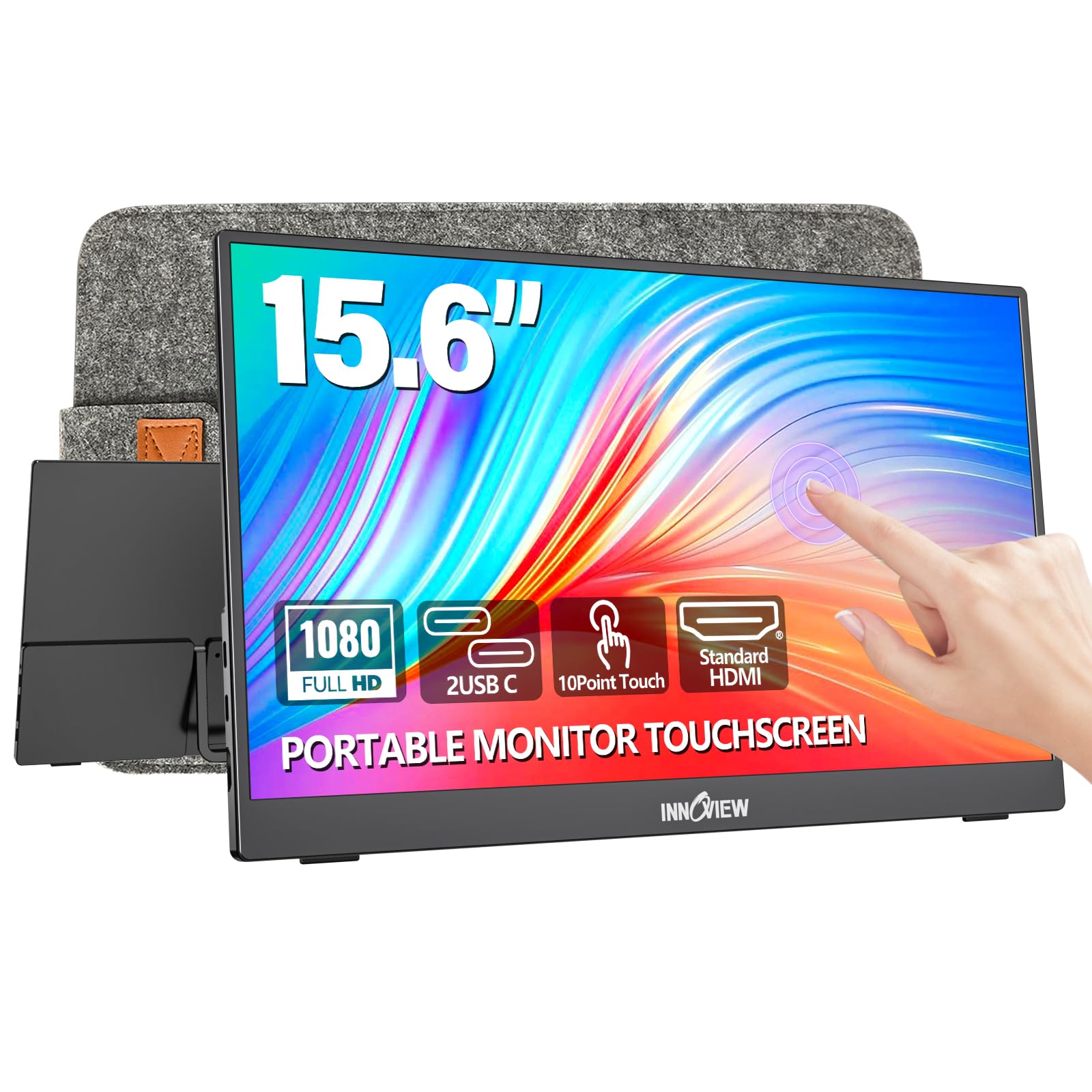 Photo 1 of InnoView Portable Monitor Touchscreen 15.6" 1080P 10-Point Touch Screen Monitor Portable with Protective Sleeve Built-in Stand, 1200:1 HDMI USB C Travel Monitors for Laptop, PC, Phone
