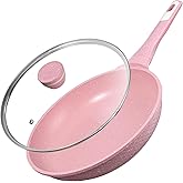 Xuanying 8 Inch Non Stick Frying Pans with Lid - 100% PFOA PFAS Free, Super Nonstick, All Stovetop Compatible Induction Gas Electric, Omelette & Egg Pan, Dishwasher Safe, Eco-Friendly Pink Pan