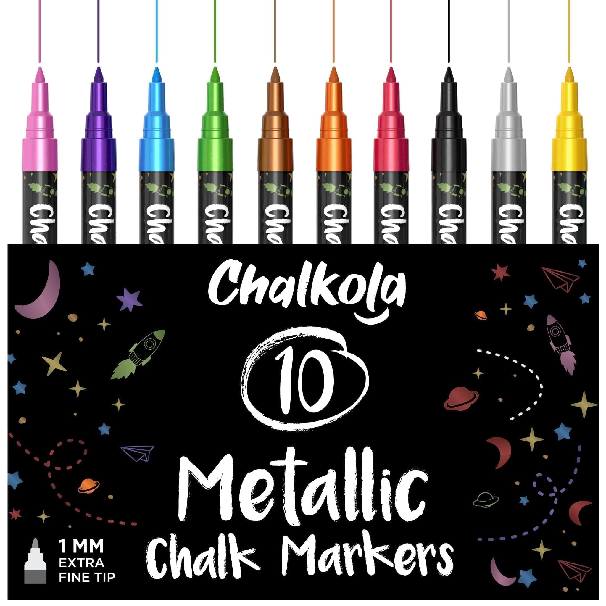 Extra Fine Tip Metallic Chalk Pens (10 Pack, 1mm) Liquid Chalk Pens - for Blackboards, Chalkboard, Bistro Menu, Window - Wet Wipe Erasable