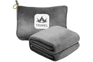 Excervent Travel Blanket 2 in 1 Soft Flannel Airplane Throw Blankets in Soft Bag Pillow case with Hand Luggage Belt, 65x40inch, Grey