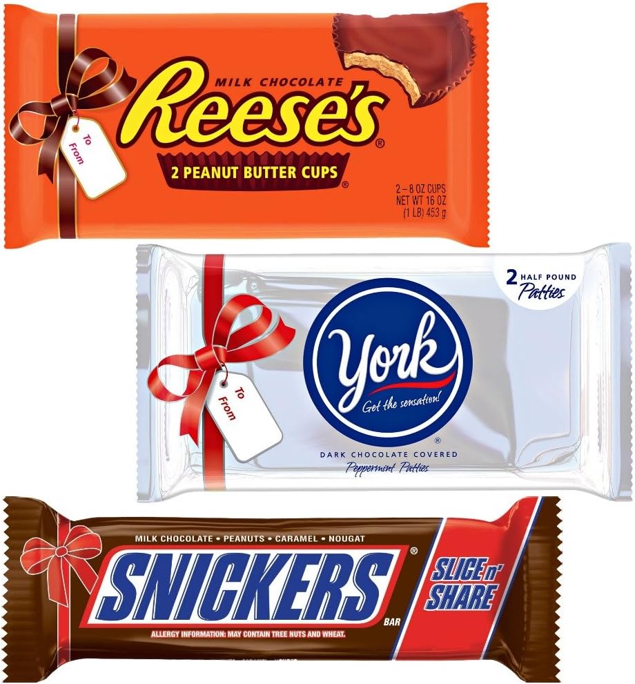 Reese's Holiday Giant Peanut Butter Cups, York Holiday Peppermint Patties & Snickers Slice n Share - Bundle of 3 Giant Candy Bars, 1 LB Each