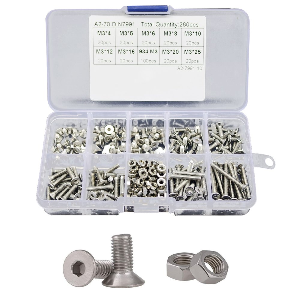 Adiyer 280 Pcs Metric M3 x 4/5/6/8/10/12/16/20/25mm Countersunk Flat Head Hex Socket Cap Screws Nuts Set Assortment Kit, 304 Stainless Steel