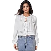 MakeMeChic Women's Boho Top Peplum Long Sleeve Shirt Tie Front Crew Neck Summer Blouse