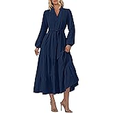 PRETTYGARDEN Womens V Neck Long Sleeve Maxi Dresses 2026 Spring Casual Button A Line Flowy Formal Wedding Guest Cotton Dress