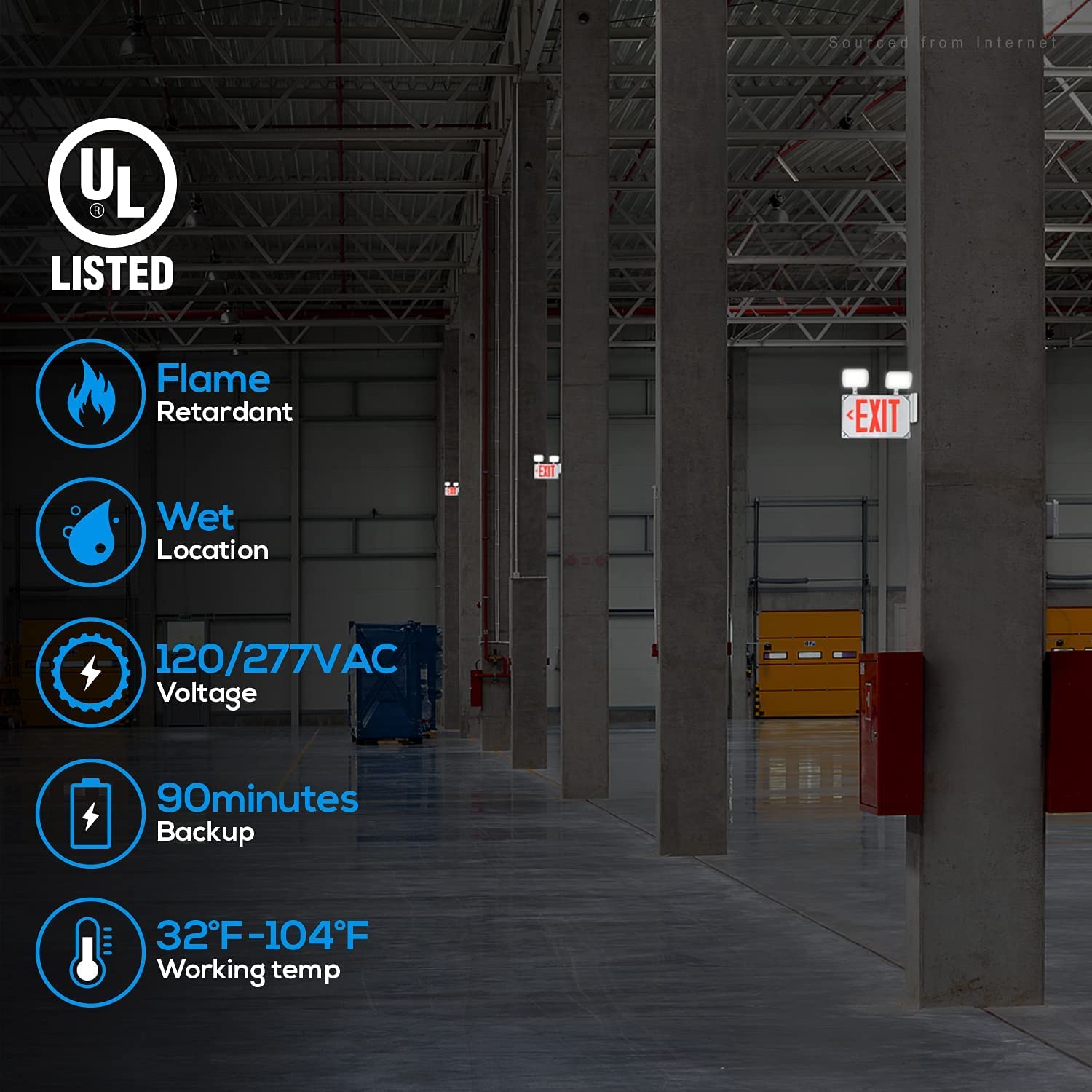 LEONLITE LED Exit Light, Wet Location Exit Sign with Emergency Lights, UL Listed, Outdoor Hardwired Red Letter Exit Sign with Battery Backup, 2 Dual Heads, Double Face, AC 120/277V, White