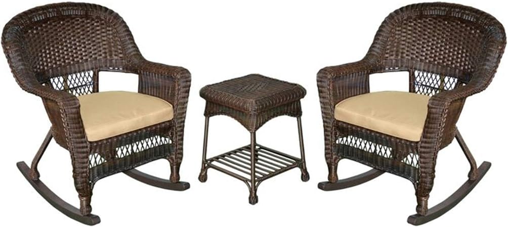Amazon Com 3 Piece Espresso Wicker Patio Rocker Chairs Table Furniture Set Tan Cushions Garden Outdoor
