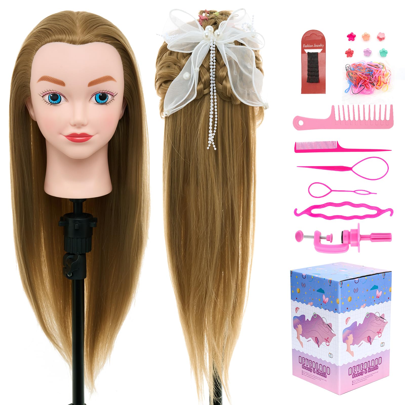 Neverland Beauty & Health 20" 100% Synthetic Fiber Hair Training Head Hairdressing Practice Mannequin Manikin with Mannequin Head Stand Hair Styling Braid Accessoires Set(Brown)