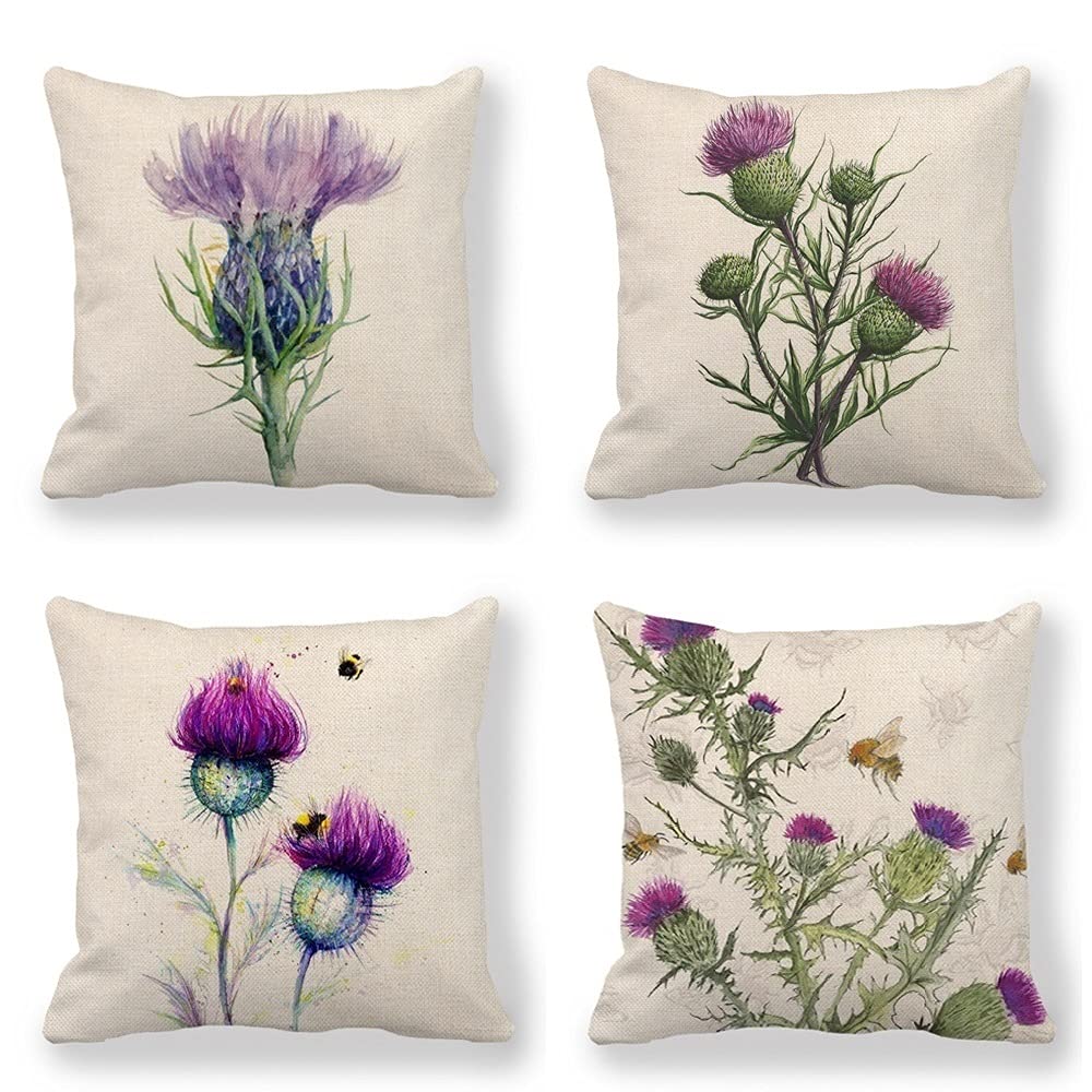 SCVBLJS Flower Cushion Cover Purple Thistle Flower Painting pillowcase Nature Drawing Ink Garden Health Decor Cushion Case Garden outdoor bench Throw Pillow Covers bee Cushions 45x45cm set of 4