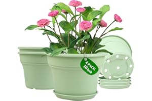 Pottiffe 10 Inch Plastic-Flower-Pot-for-Indoor-Plants, 4 Pack Large Outdoor Planter Pot with Drainage Holes & Saucers, Resin Decorative Garden Pots Planters