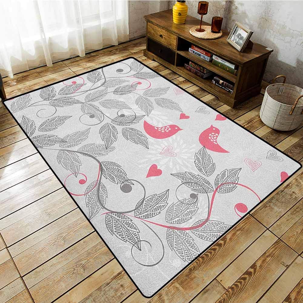 Rectangular Rug，Pink and Grey，Retro Floral Love Birds on Branches