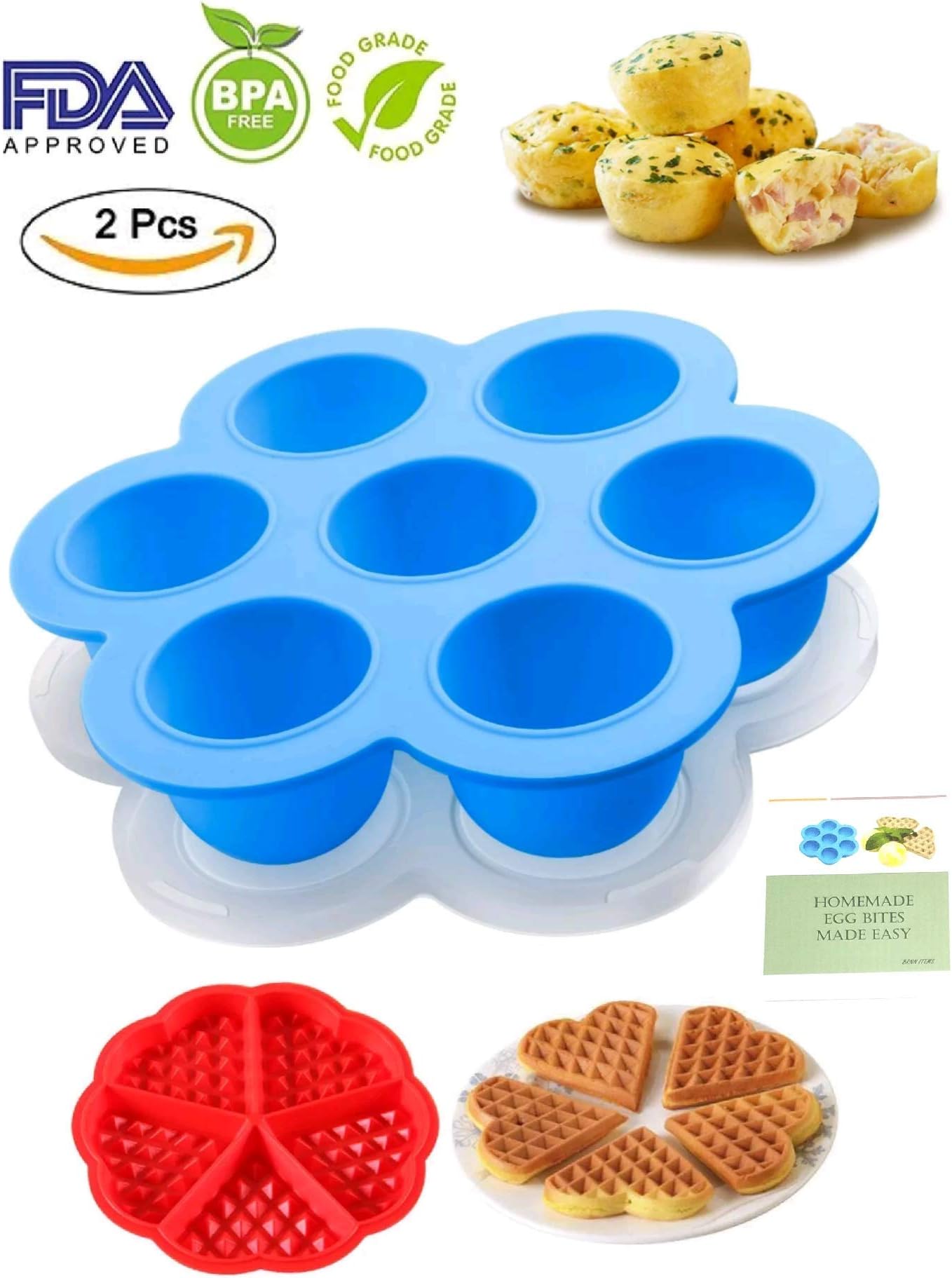 Silicone Egg Bites Molds for Instant Pot Accessories for 5,6,8 qt Pressure Cooker, Reusable Storage Container, Freezer Trays with Lid - With Recipe User Guide and Waffle Maker Mold