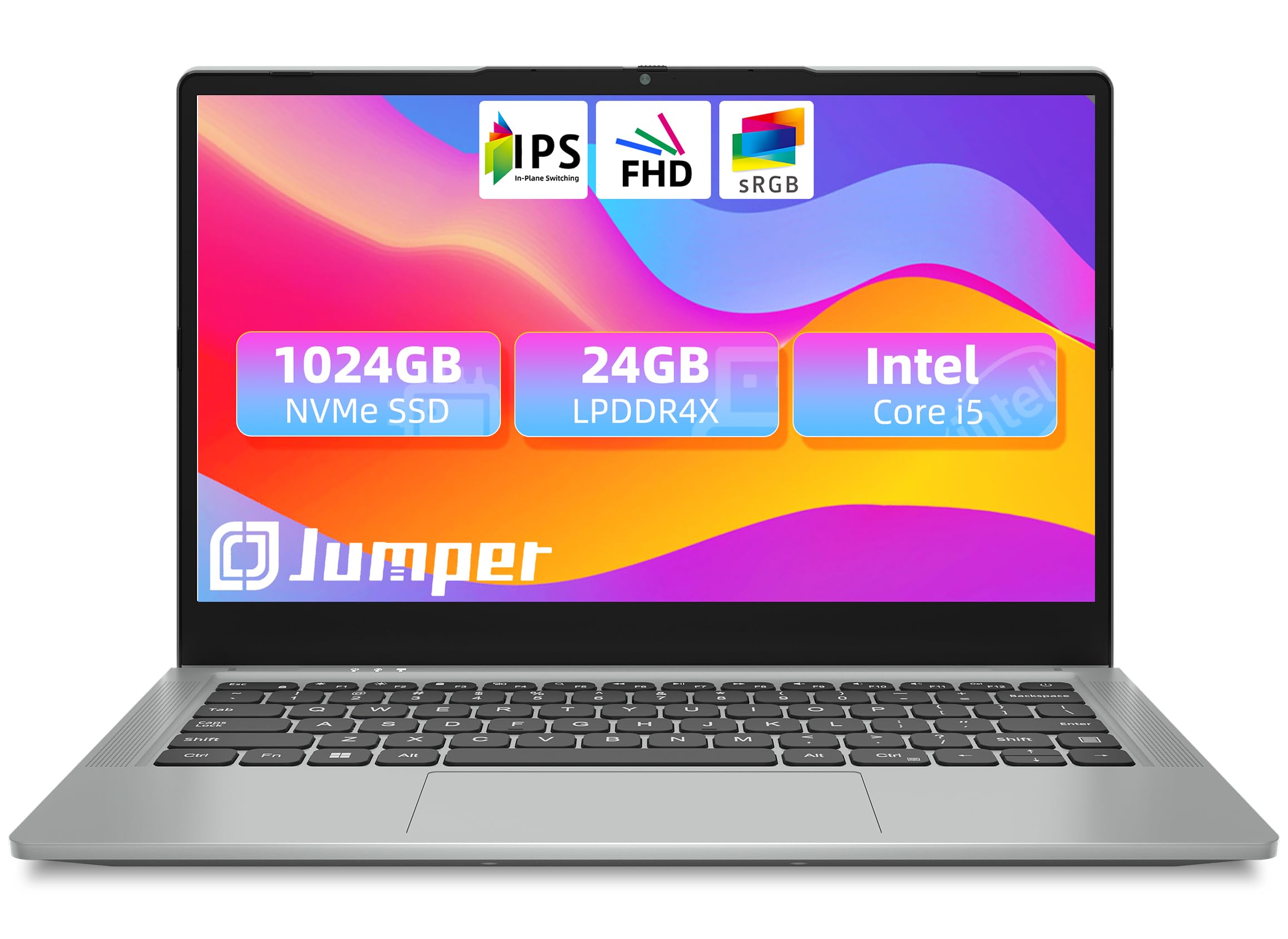 jumper Laptop, 24GB LPDDR4X RAM, 1024GB NVMe SSD, 3.6GHz Intel Core i5 CPU, 14 Inch FHD IPS Display, Windows 11 Laptops Computer with 4 Stereo Speakers, 51.3WH, USB3.0 * 3, Type-C, Metal.