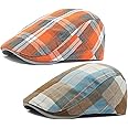 2 Pack Men's Newsboy Hat Flat Cap Adjustable Plaid Ivy Gatsby Cabbie Driving Golf Hat Beret