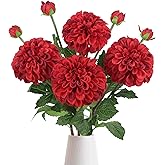 IPOPU 4pcs Artificial Dahlia Flowers Realistic Silk Dahlia Flowers 29" Long Stem Faux Flowers with Buds for Tall Vase DIY Bouquet Home Wedding Decor (Red)