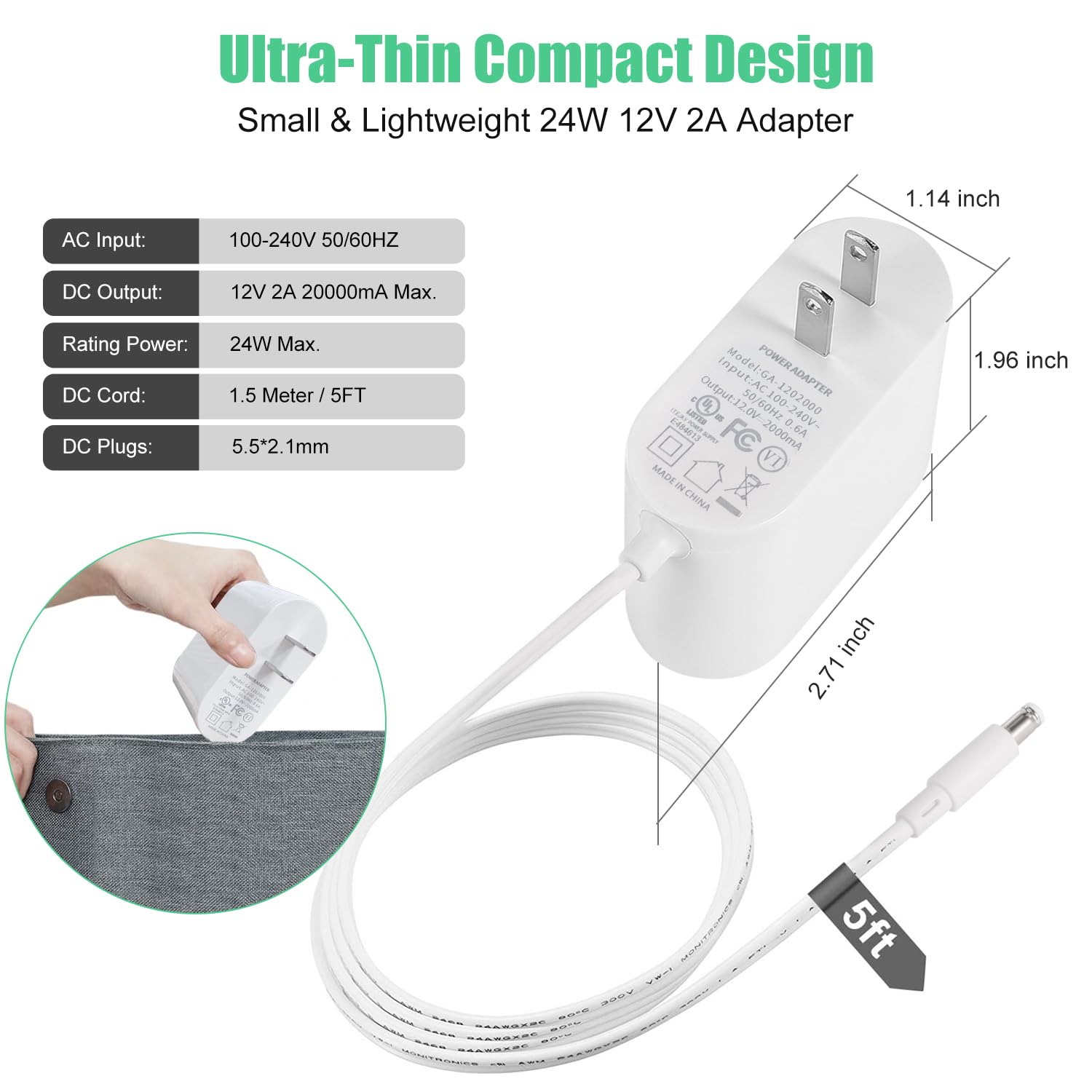 12V 2A LED Power Supply Adapter - 24W AC/DC Transformer With 5.5x2.1mm Connector For LED Strips & Electronics