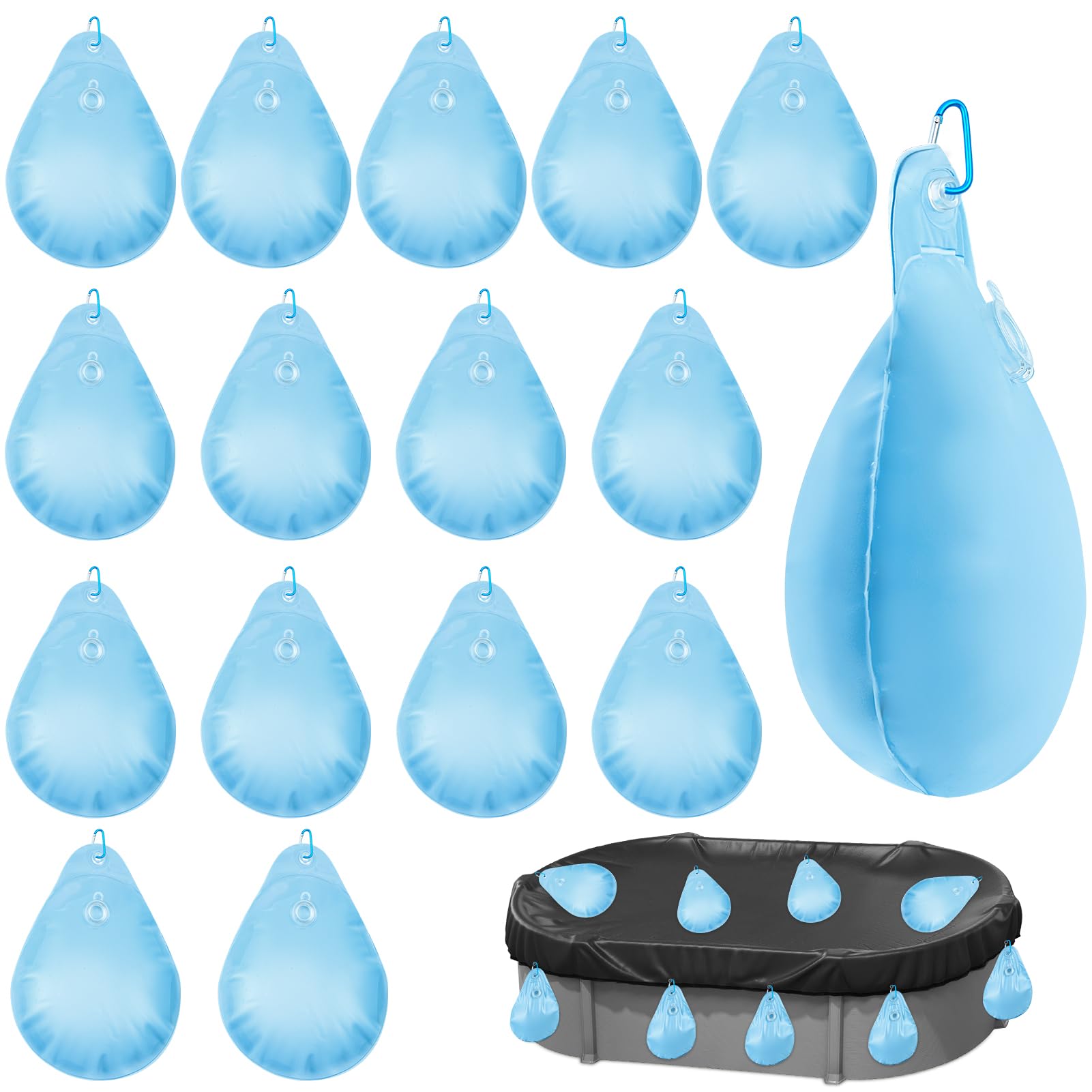 Photo 1 of 10 PCS Pool Cover Weights Water Bag Winter Antifreezing Heavy Duty Pool Cover Hanging Weights Pillow Thick PVC Windproof Tarp Water Bags with Hook for Outdoor Above Ground Swimming Pool Closing Kit