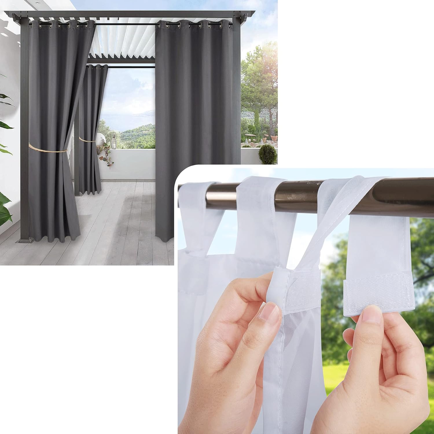 RYB HOME Detachable Sticky Tab Top White Sheer Bundles Waterproof Blackout Curtain