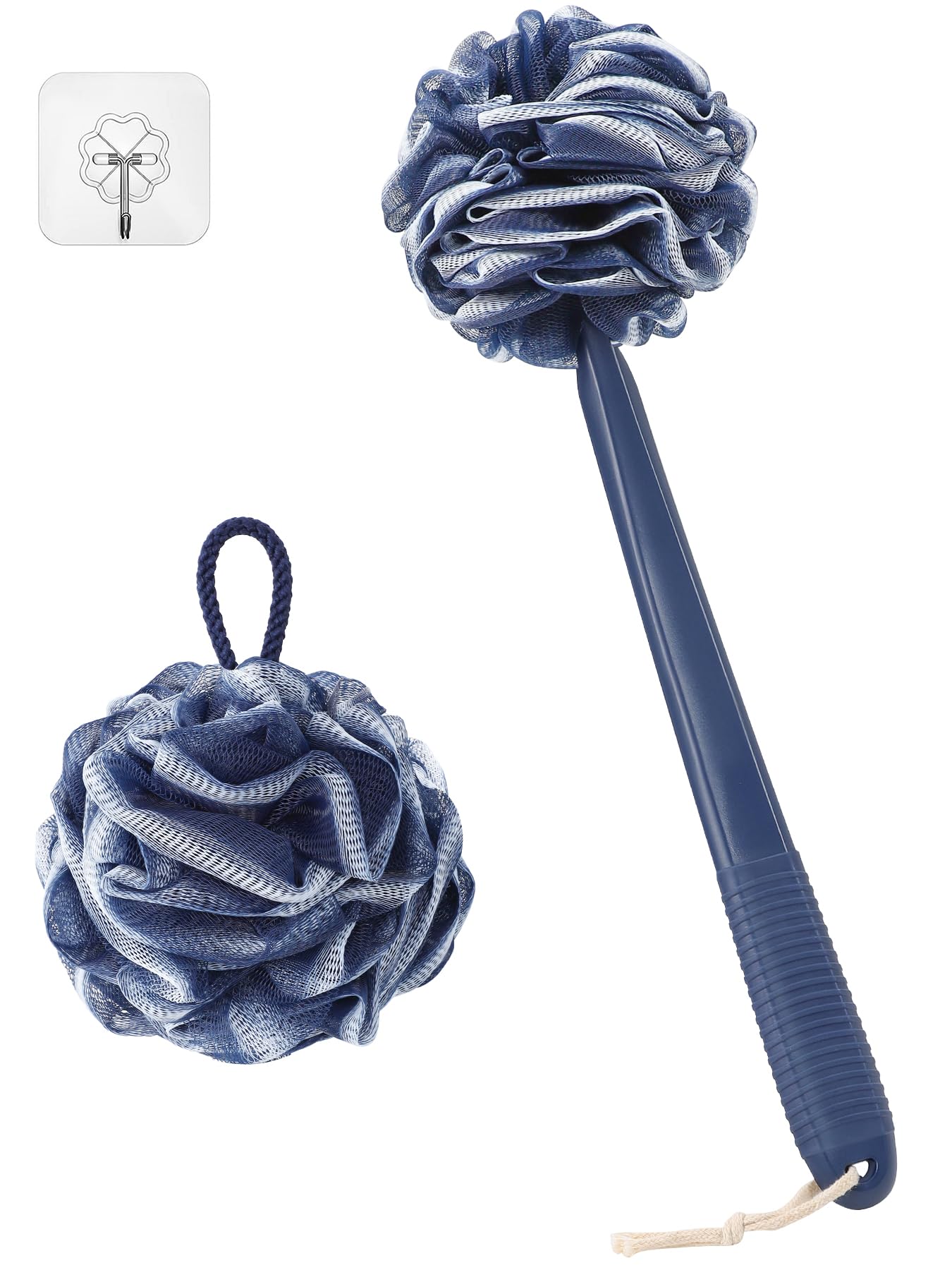 ROLIZOE Loofah with Handle Back Scrubber, Non-Slip 17" Plastic Handle, Hand Shower & Loofah on a Stick Sponge Set, Deep Blue with White Edge