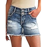 Flamingals Women's Double Button Ripped Raw Hem Summer Casual Mid Waist Denim Shorts