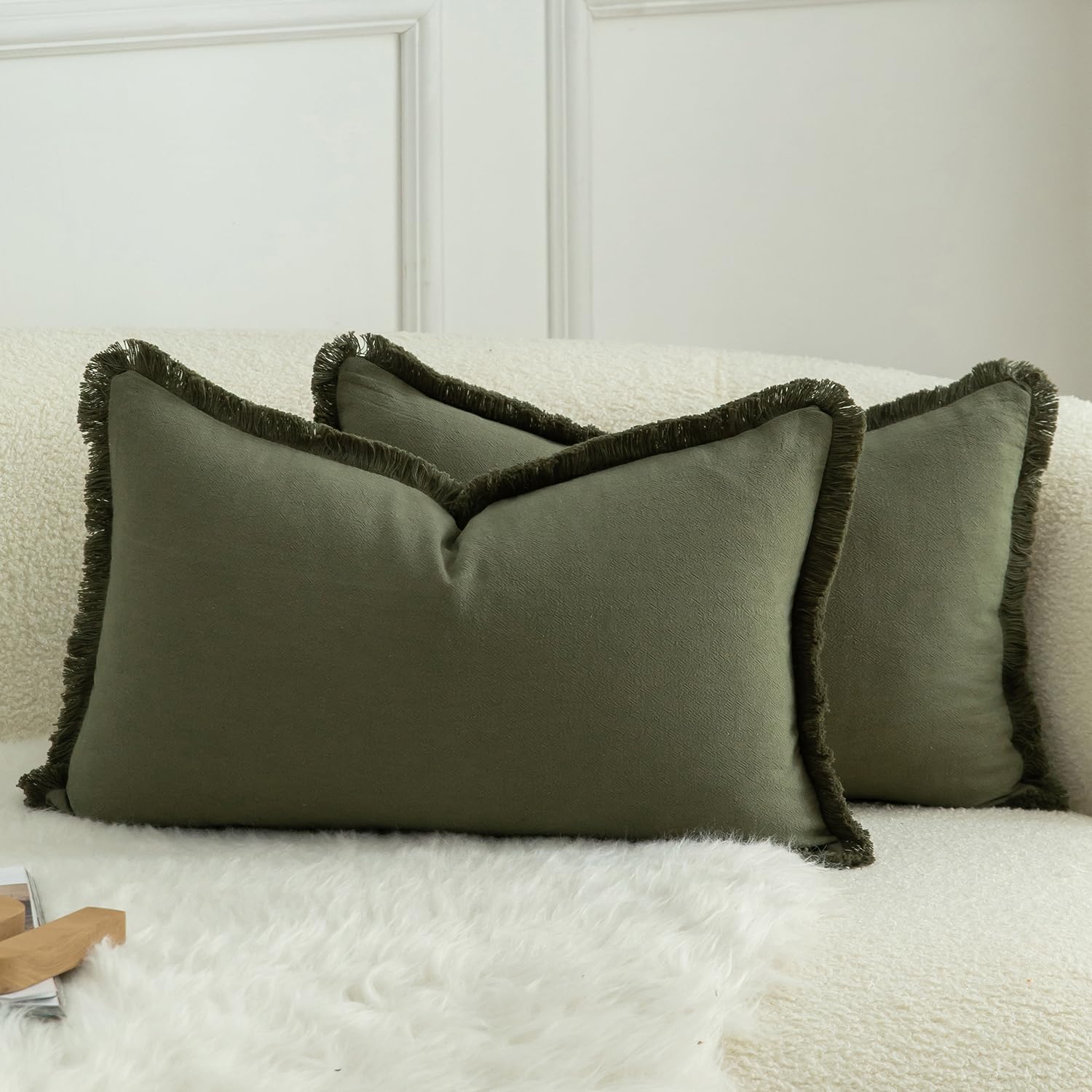 Mandioo Set of 2 Neutral Cotton Fringe Cushion Covers 30x50 cm 12x20 inch Decorative Boho Farmhouse Throw Pillowcase Cozy Tassels for Couch Sofa Bedroom Living Room Home Decor Olive Green