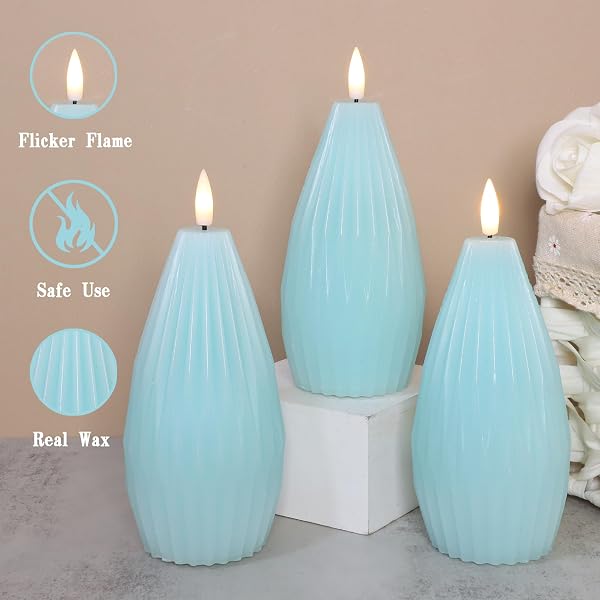 IMMEISCENT BLUE RIBBED FLAMELESS CANDLES WITH REMOTE FLICKERING REALISTIC BATTERY POWERED LED REAL WAX DECORATIVE CANDLE GEOMETRIC AESTHETIC RIBBED MODERN OCEAN DECOR FOR HOME TABLE FIREPLACE, 3PACK