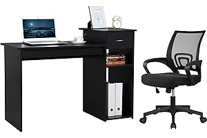 Yaheetech Home Office Modern Desk and Chair Set Computer Desk w/Drawer & Shelves with Ergonomic Mesh Height Adjustable Office Chair