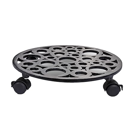 Sharpex Caddy Iron Dolly on Round Rack Rustproof Sturdy Metal Potted Indoor Outdoor Plant Stand/Trolley Casters with Rolling Wheels for Garden and Home- 1 PC- Black