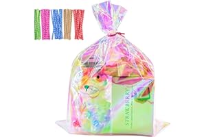 Cherodada Cellophane Treat Bags, 9x12 Inch Iridescent Holographic Pretzel Bags With Twist Ties, Chocolate, Cookies (Pack of 100)