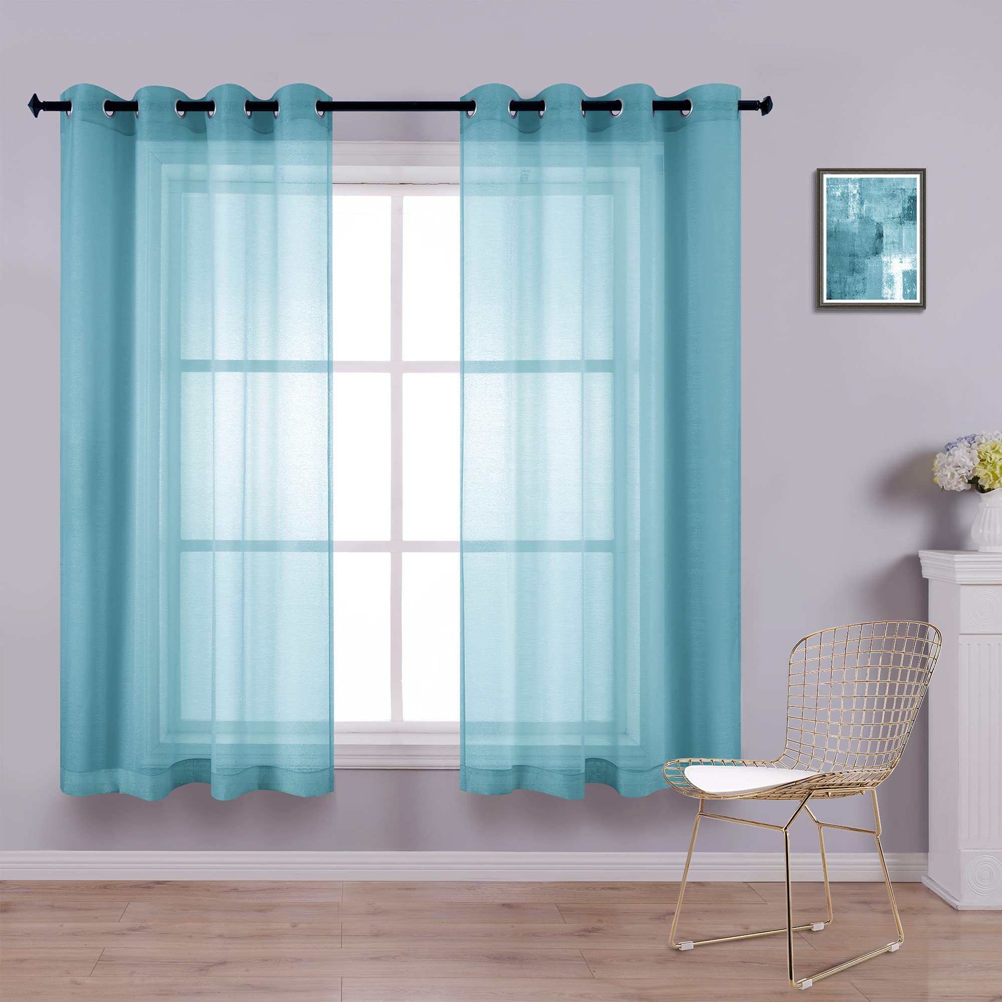 KOUFALL Bathroom Curtains Window Short,Sheer Grommet Beach Theme Summer Curtains for Living Room Kitchen,45 Inch Length,Teal