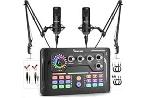 HAYNER-SEEK Podcast Equipment Bundle for 2, Audio Mixer with 3.5mm Podcast Microphone, Voice Change DJ Mixer for Live Streaming Singing Gaming (P900)