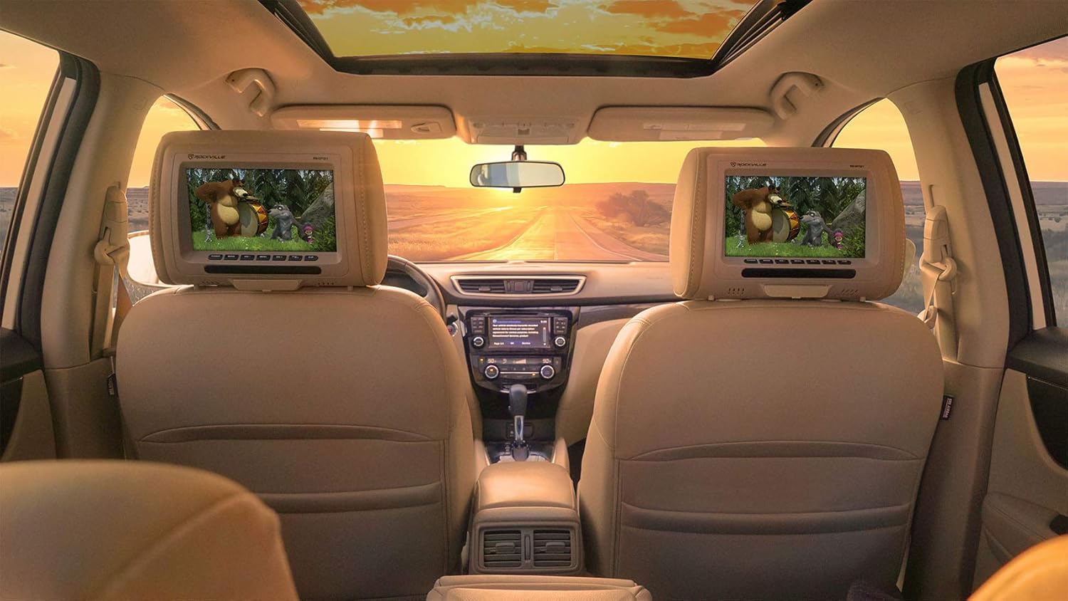 Pair Rockville RHP91-BG 9” Plug N Play Beige Car Headrest Monitors w/Speakers