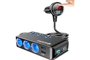 EUGIZMO Cigarette Lighter Adapter, 222W 3 Socket Car Cigarette Lighter Plug USB Charger Multi Port 12V Car Plug Outlet Splitter with LED Voltage Display Independent Switches