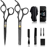Sirabe 10 PCS Hair Cutting Scissors Set, Professional Haircut Scissors Kit with Cutting Scissors, Thinning Shears, Comb, Cape, Clips, Black Hairdressing Texturizing Shears Set for Barber, Salon, Home