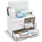 QIYVLOS Desk Organizer with 3 Drawer, Multi-Functional Pencil Pen Holder for Desk, Desk Organizers and Storage with 8 Compartments, Desktop Organizer for Office Home Art Supplies (White)