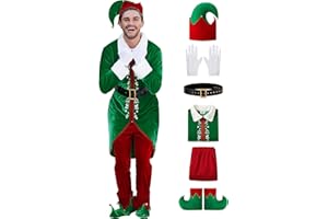 Arvilhill 6 Pcs Men's Christmas Elf Costume Deluxe Santa Helper Outfits with Coat Pants Hat Gloves Belt