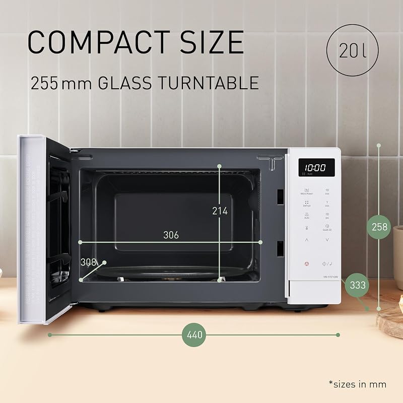 NN-ST21QWEPG Solo Forno a Microonde 20L con Piatto in Vetro, 800W, Scongelamento Automatico, 11 Programmi Automatici, Display LED, 5 Impostazioni di Potenza, Timer Digitale, Bianco