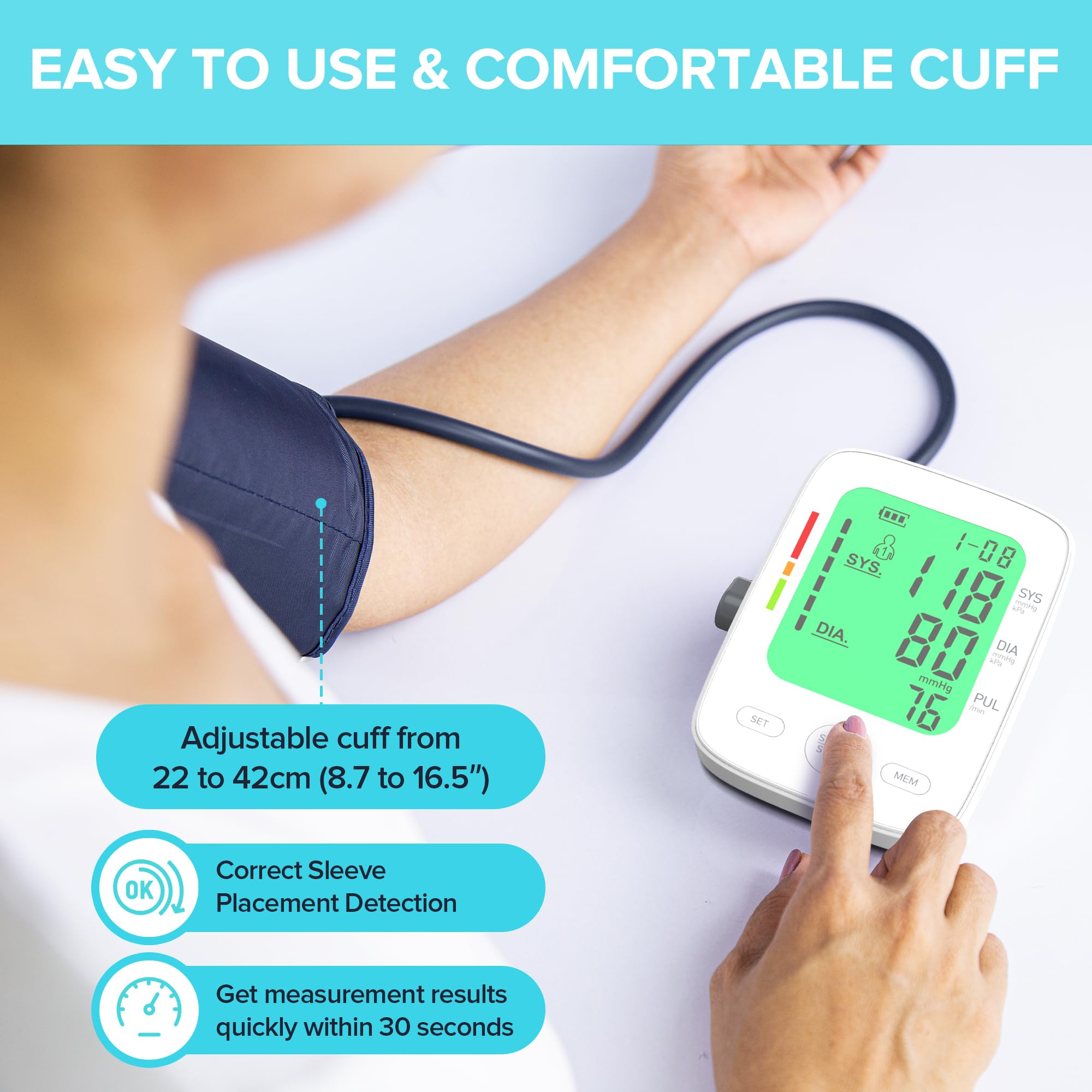Blood Pressure Monitor for Home Use, Automatic Upper Arm Blood Pressure Machine with Large LCD Display, Adjustable Cuff (9 to 17 inches), 2 x 99 Memory Sets, Easy to use/Travel