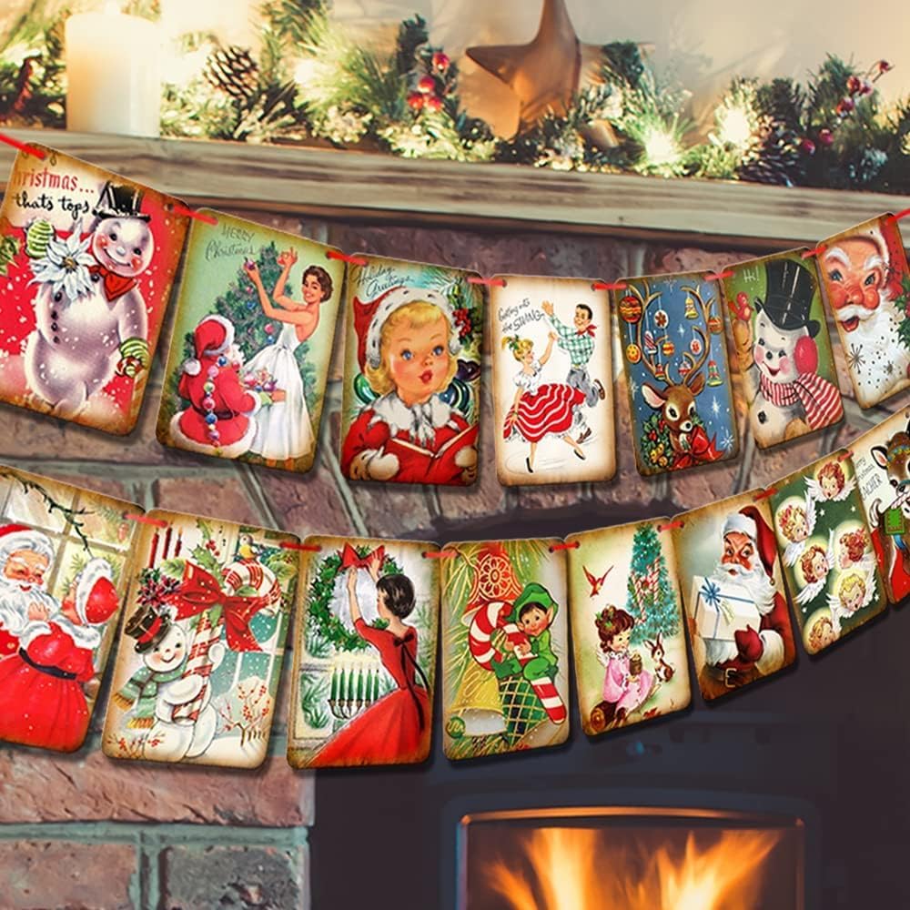 UCLEVER 15pcs Christmas Vintage Banner Bunting Decorations - Merry Christmas Banner Indoor for Holiday Home Office Party Fireplace Supplies