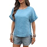 vinglam Women's Linen Shirt 100% Linen Oversize Blouse Short Sleeve Crew Neck Loose Fit Tshirt