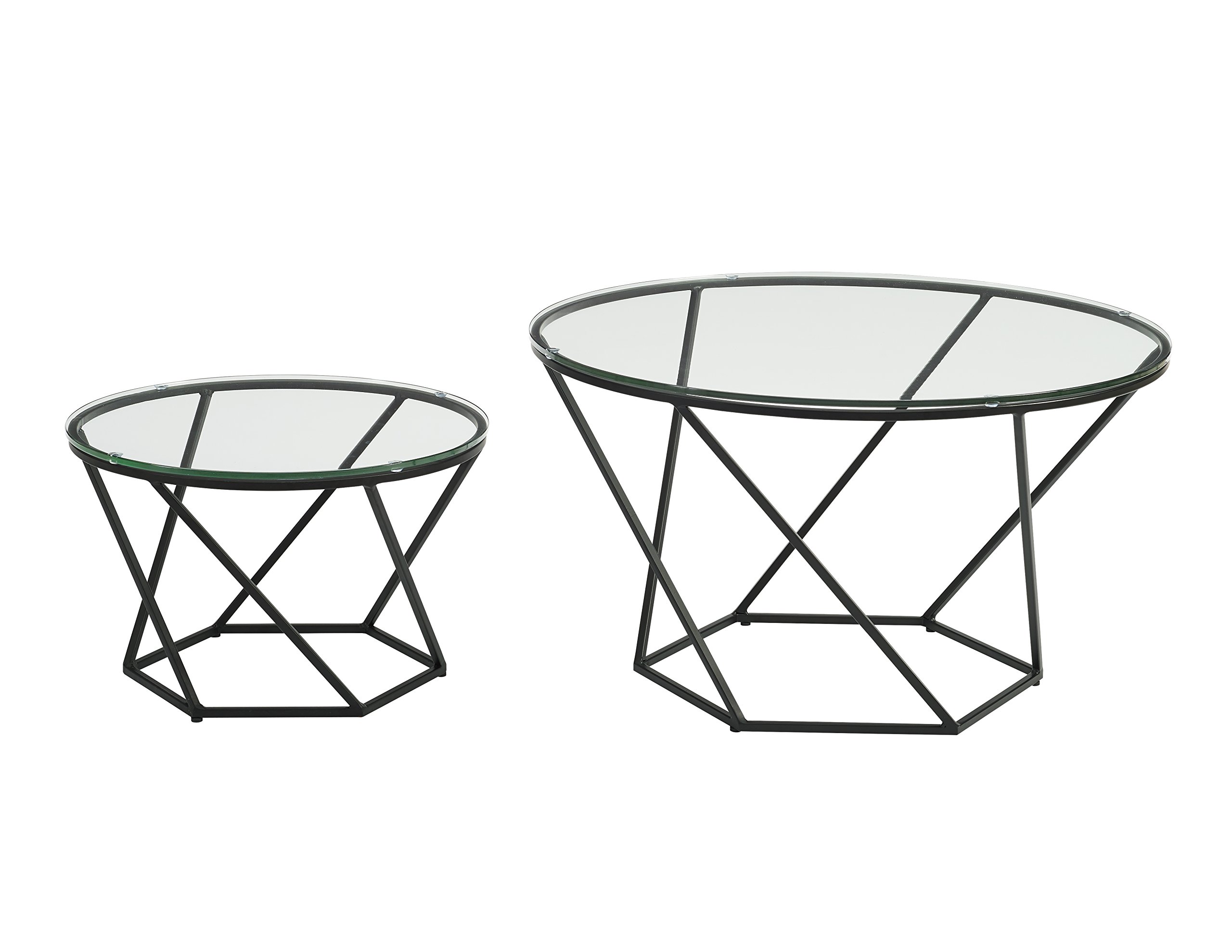 WE Furniture Mid Century Modern Wood Nesting Tables for Living Room Bedroom Home Office, Set of 2, Geometric Design, Glass, Black, 71x71x41 cm