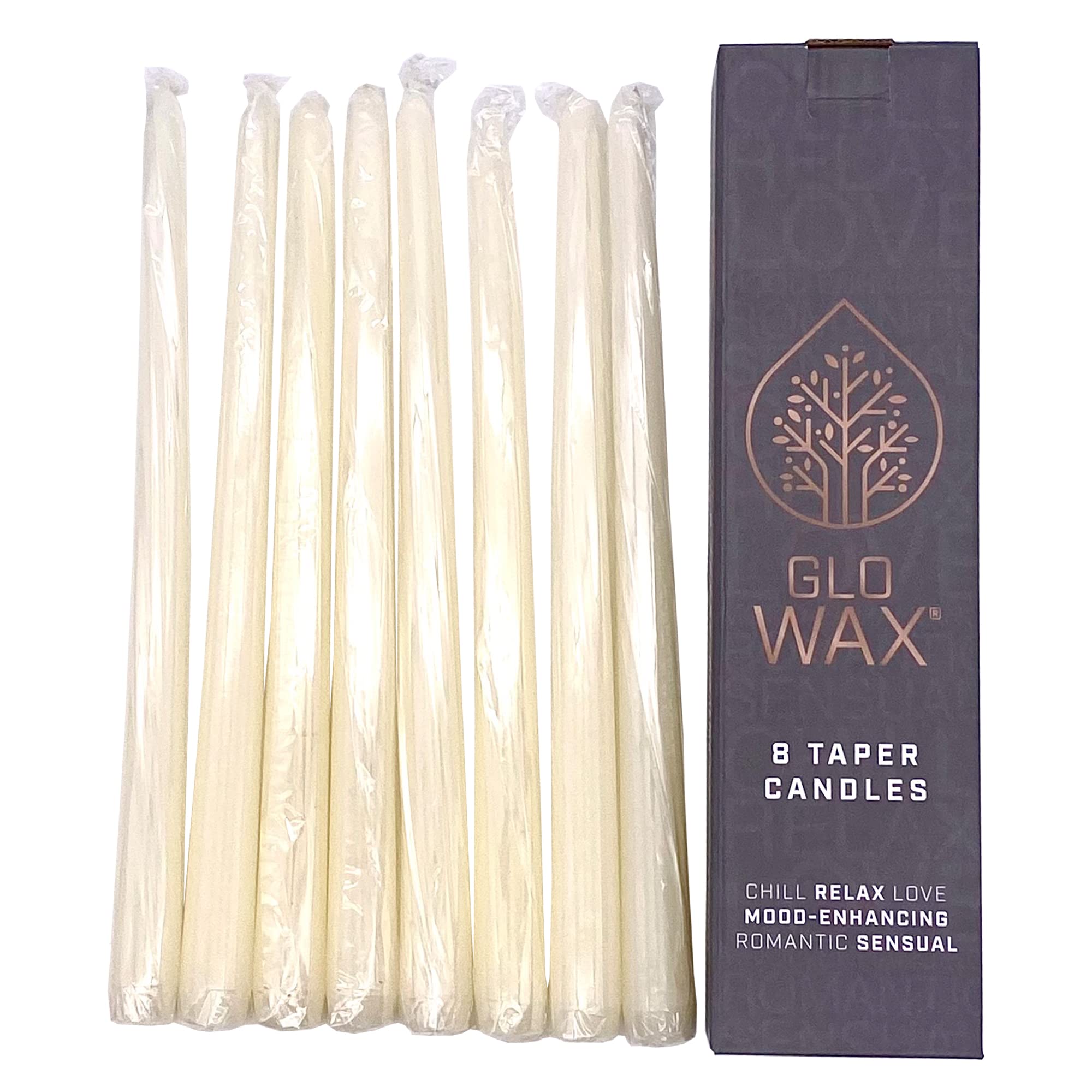 Glo-Wax Tapered Dinner Candles Pack of 8 Ivory Dripless Unscented 8 Hour Long Burning Time 2.2 x 30cm Classic Decorative Wedding Romantic Tall Candles