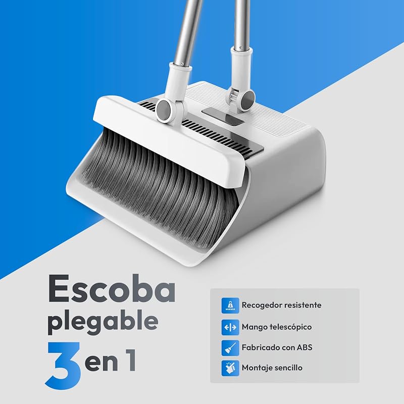 Escoba y Recogedor Plegable 3 en 1 con Cepillo Extraíble y Limpiacristales Oculto - Mango Telescópico de 126 cm y Rotación de 180º - Limpieza del Hogar Oficina