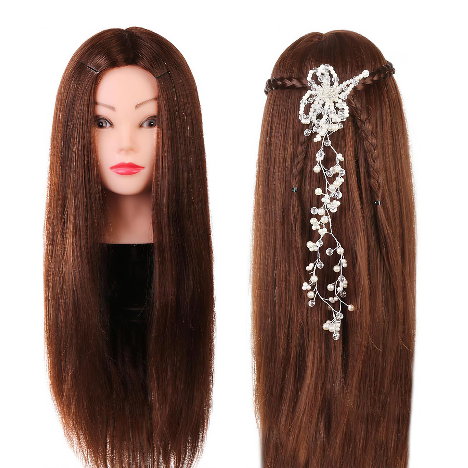 Neverland Beauty 24 Inch Mannequin Head with 60% Real Human Hair for Hairdressing Training & Braiding Practice - Includes Styling Braid Set (DeepBrown）
