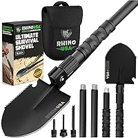 Rhino USA Survival Shovel w/Pick - Heavy Duty Carbon Steel Military Style Entrenching Tool for Off Road, Camping, Gardening,